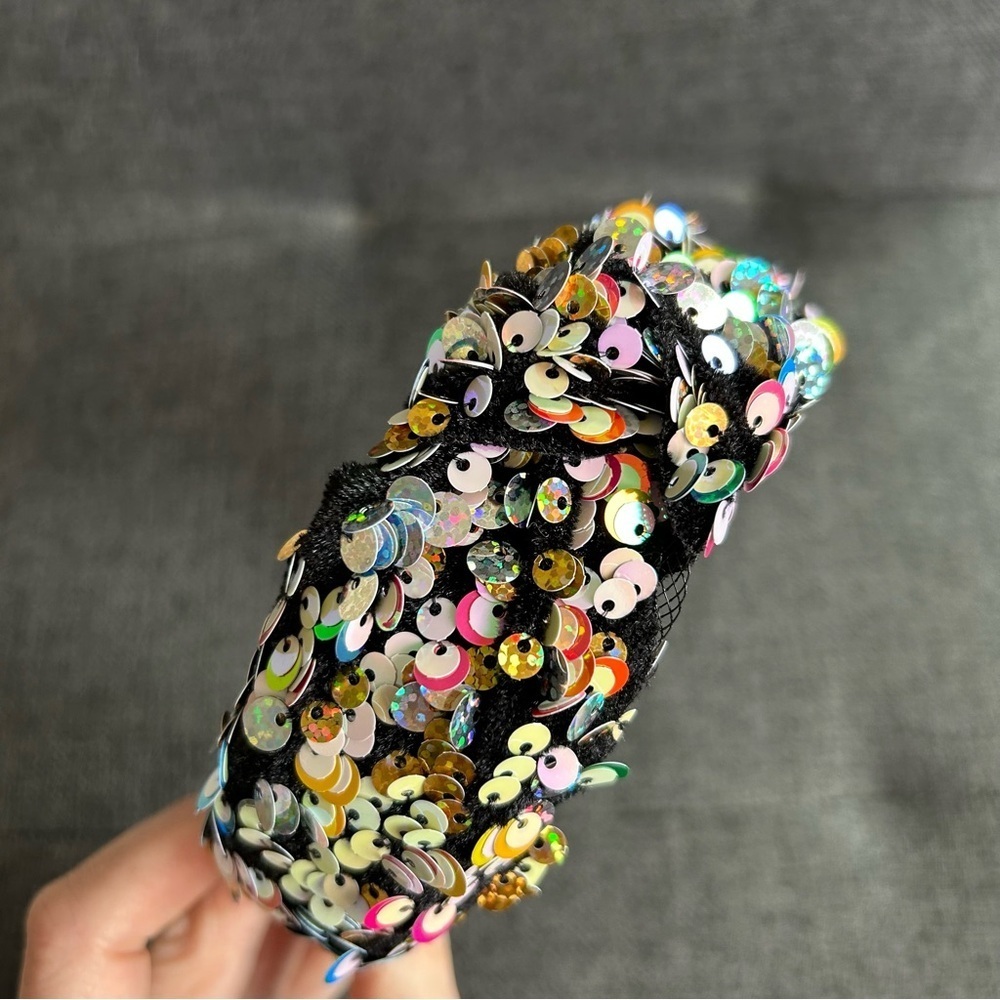 Colorful, Sparkly Sequined Knot Headband, Black, Multi Colored, Rainbow - Picture 4 of 8